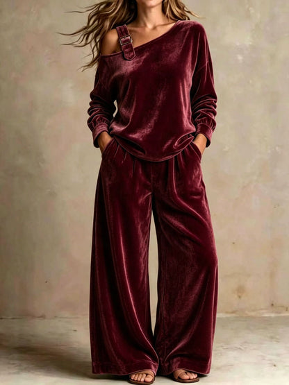 Women’s Velvet Two-Piece Set – Elegant Off-Shoulder Long-Sleeve Top & Full-Length Pants