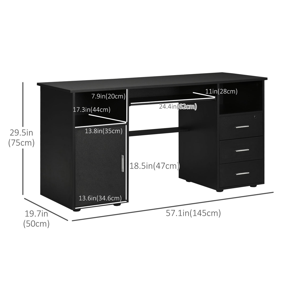 Bureau d'ordinateur Bloom 57" avec plateau coulissant pour clavier et tiroirs de rangement-Noir