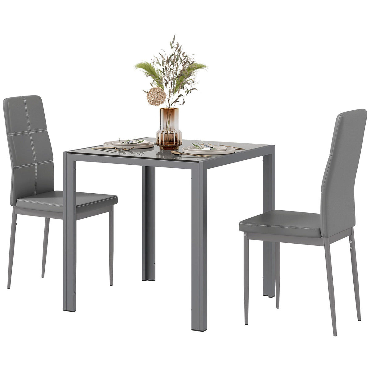 Ensemble de salle à manger rectangulaire 3 pièces en verre Zaya pour petits espaces - Gris