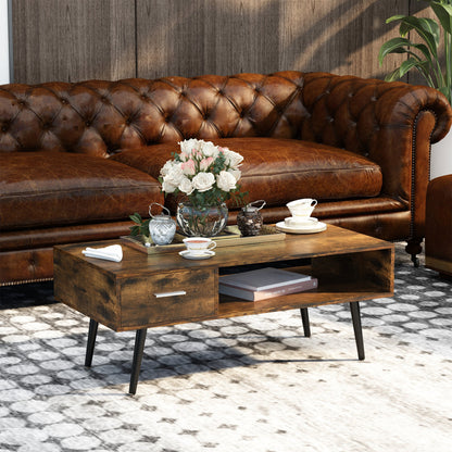 Table basse Omari rétro avec étagère de rangement et tiroir - Marron rustique