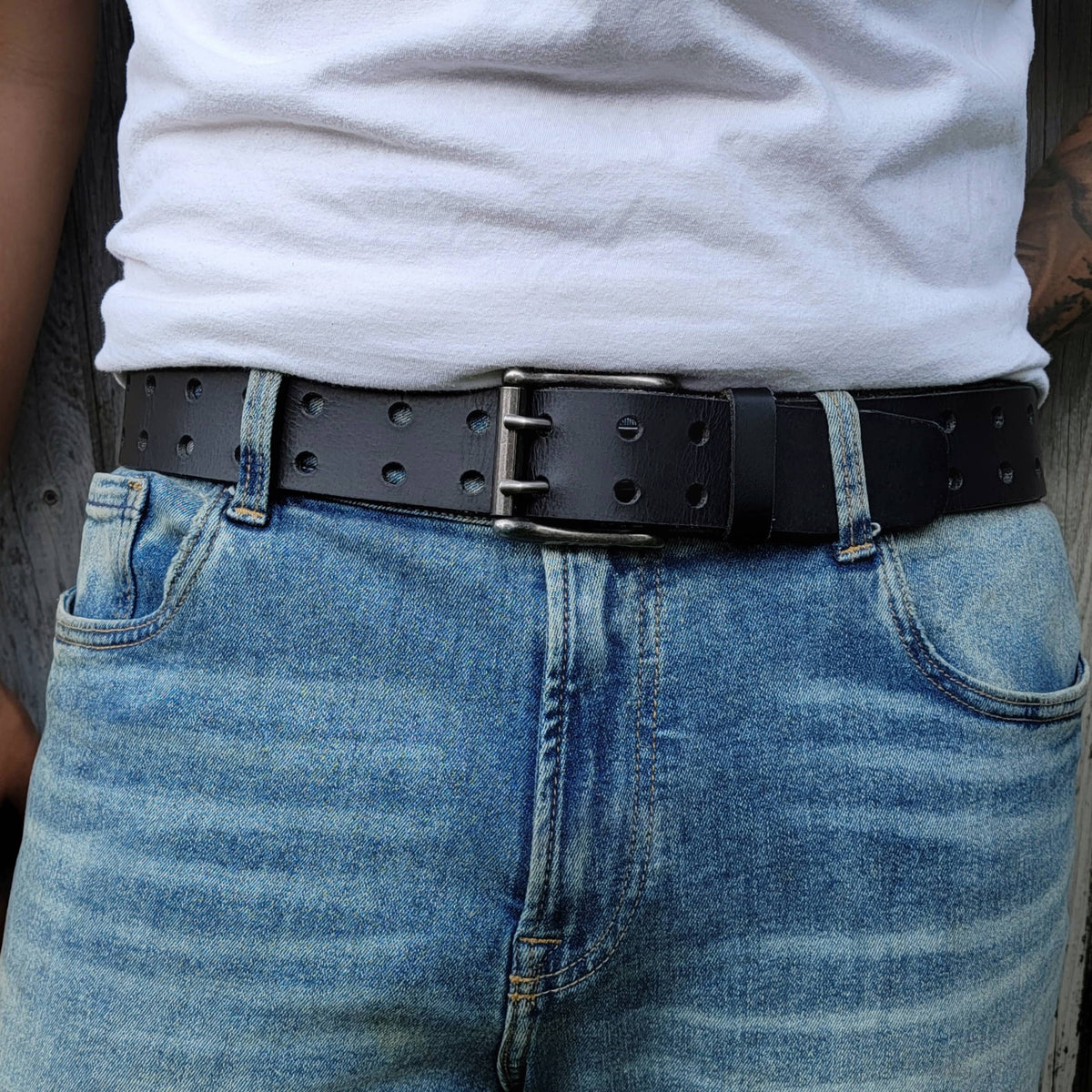 Black Double Hole Full Grain Leather Belt