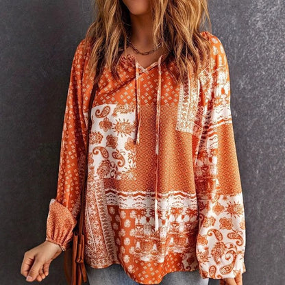 Women's Long-sleeved Printed Ethnic Blouse T-shirt Shirt