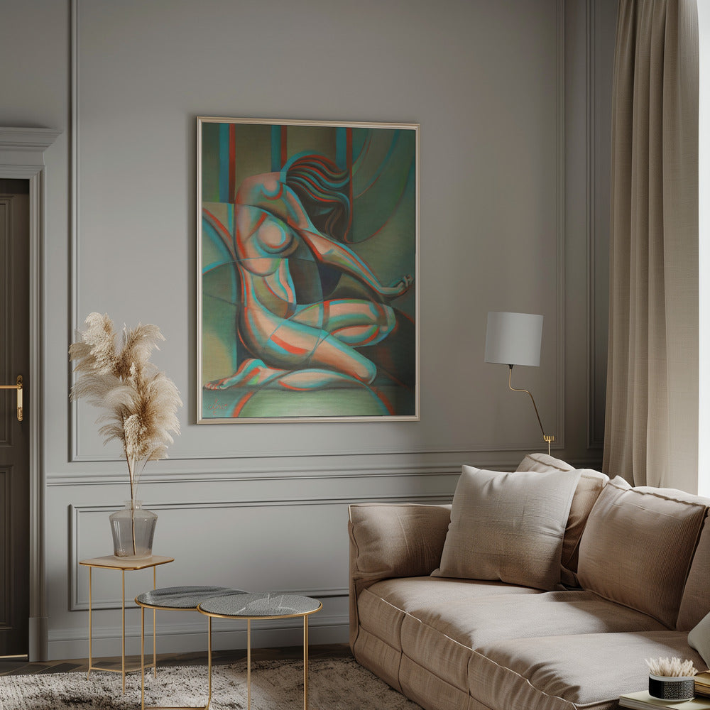 Anaglyphical Roundism Canvas Wall Art | 3D Anaglyph Effect Cubist Nude in Teal & Red | 3 Sizes & Available Finishes