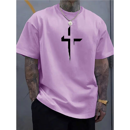 Street-style Mens Casual Loose-fit Cross-print Creative Sports Short-sleeve Top