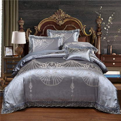 Parure de lit de luxe quatre pièces en coton jacquard – Housse de couette en pur coton et drap de lit en satin de soie