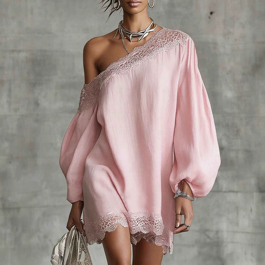 Women's Off-Shoulder Long Sleeve Mini Dress | Lace Trim Dress