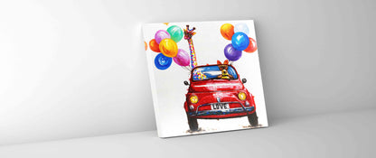 Fun Fun Fun Colourful Car & Animals Canvas Wall Art | 36 × 36 inches