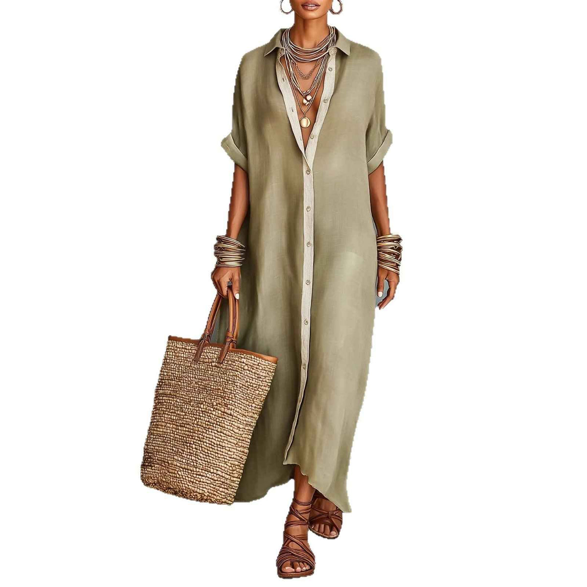 Women’s Summer Short-Sleeve Shirt Dress – Lapel Collar Button-Front Maxi Dress