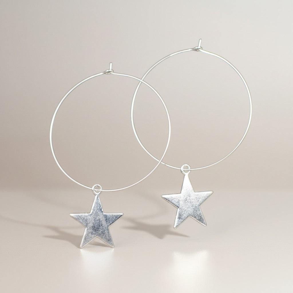 Silver Plate Star On Hoop Earrings