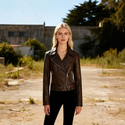 Women’s Short Leather Biker Jacket – Lapel Collar Motorcycle-Style Slim-Fit Coat