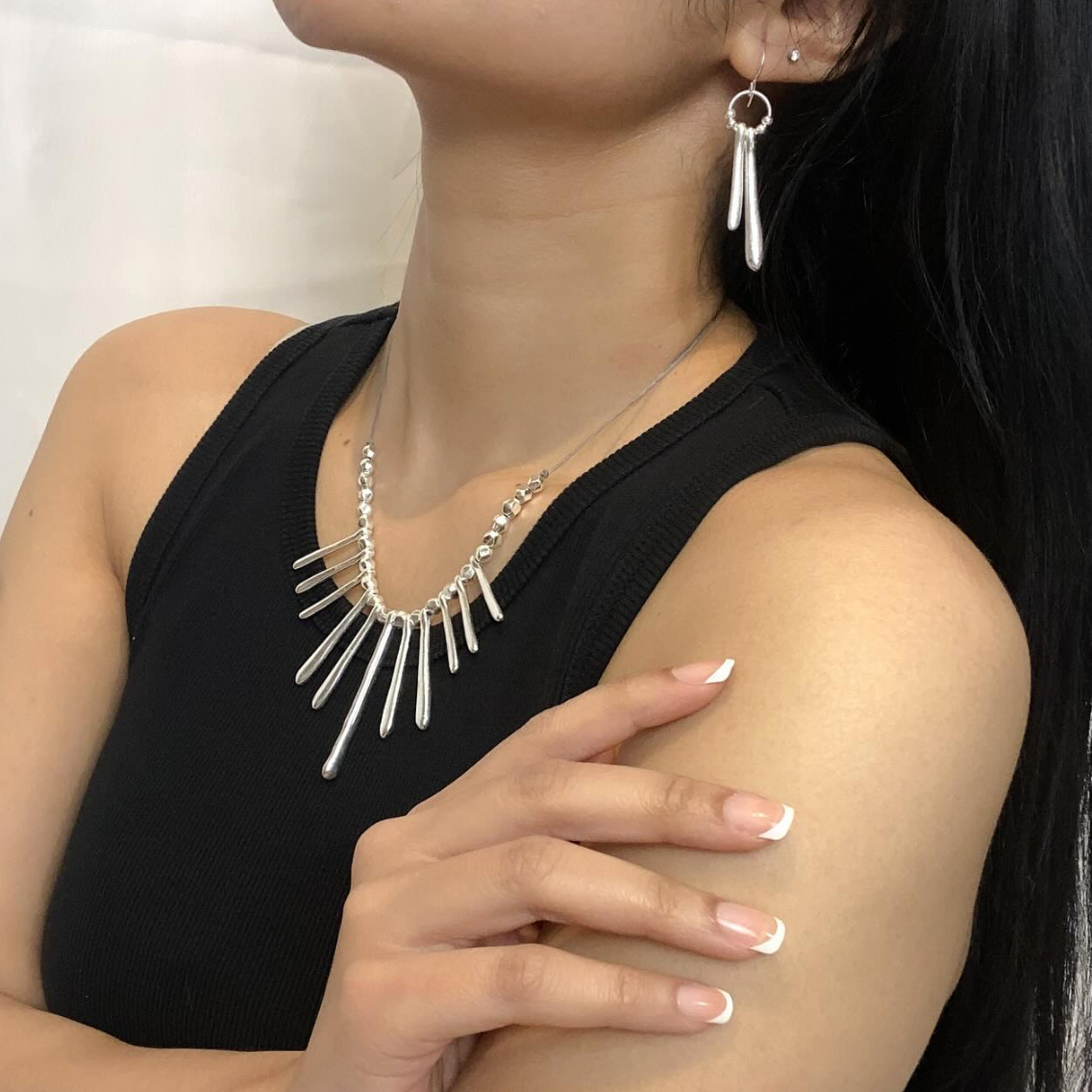 Double Drop Earrings In Silver Plate