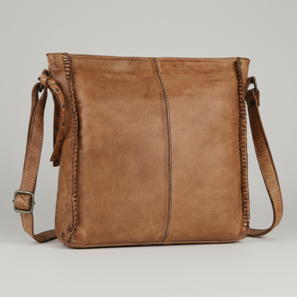 MET Premium Leather Crossbody Bag. Square Messenger with Woven Edge Details
