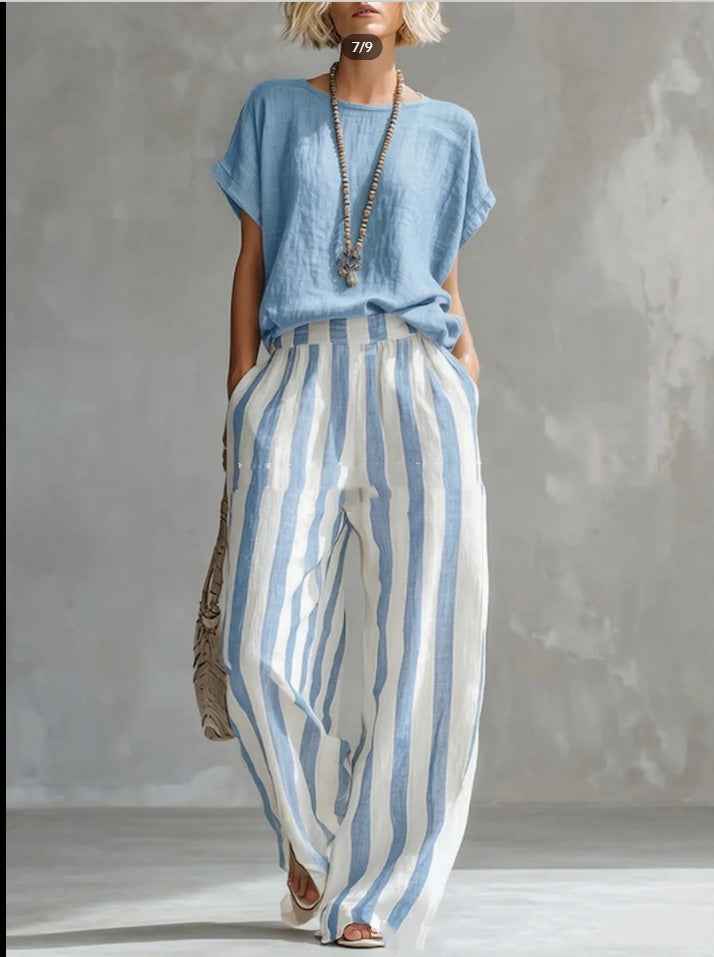 Women's Summer Two Piece Set – Short Sleeve Top with Striped Straight Leg Pants