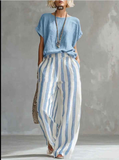 Women's Summer Two Piece Set – Short Sleeve Top with Striped Straight Leg Pants