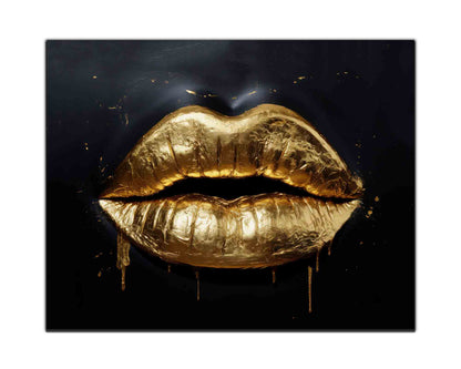 Gold Lips Canvas Wall Art | Shimmering Gold on Black | 47 × 35 inches