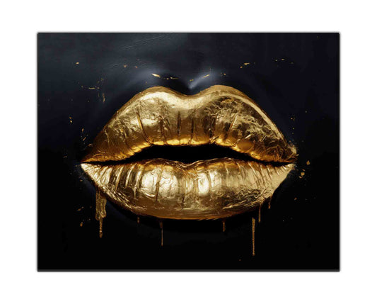 Gold Lips Canvas Wall Art | Shimmering Gold on Black | 47 × 35 inches