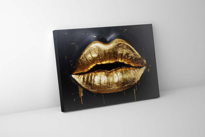 Gold Lips Canvas Wall Art | Shimmering Gold on Black | 47 × 35 inches