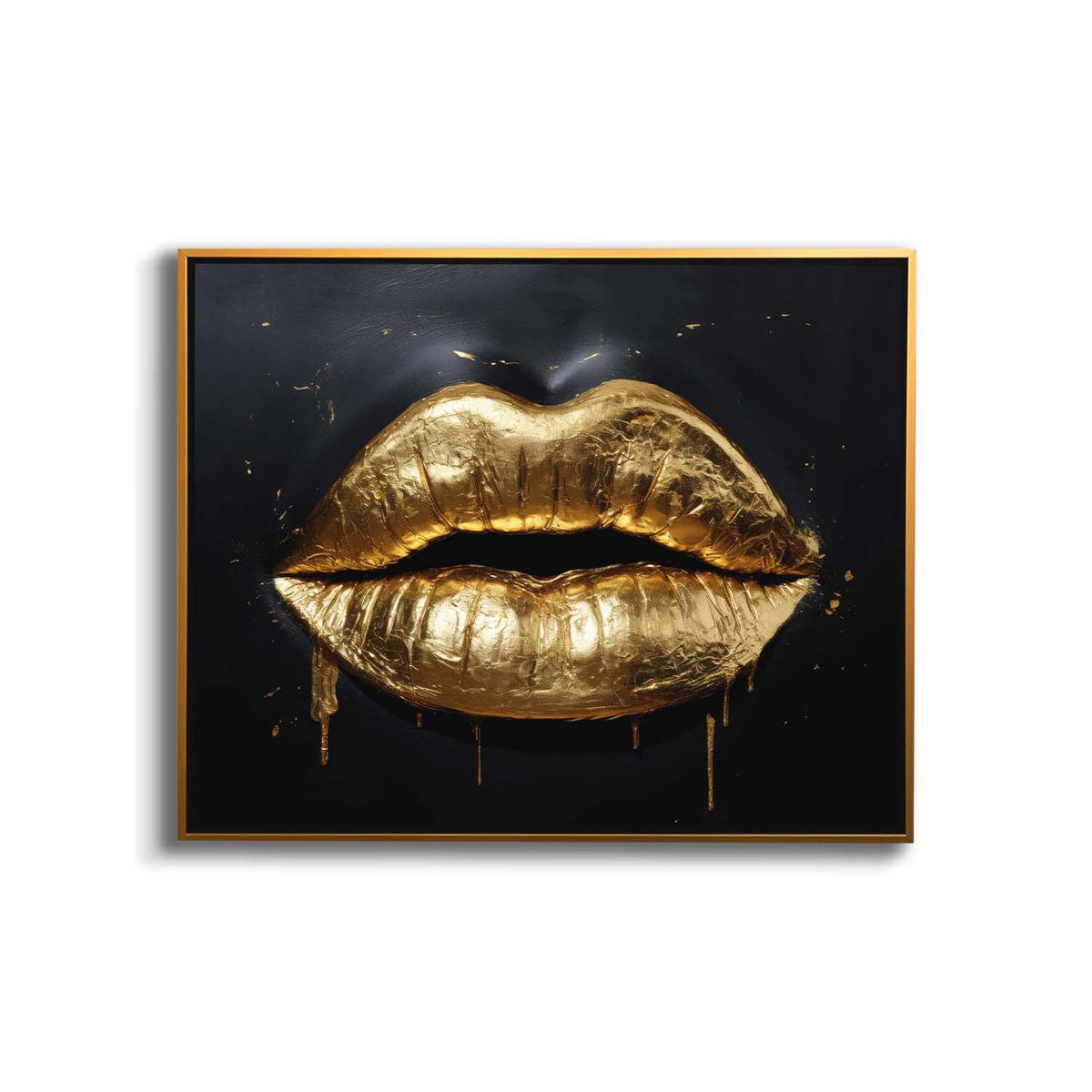 Gold Lips Canvas Wall Art | Shimmering Gold on Black | 47 × 35 inches