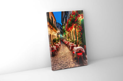 Italian Cafe Canvas Wall Art | Colourful Evening Street | 35 × 47 inches