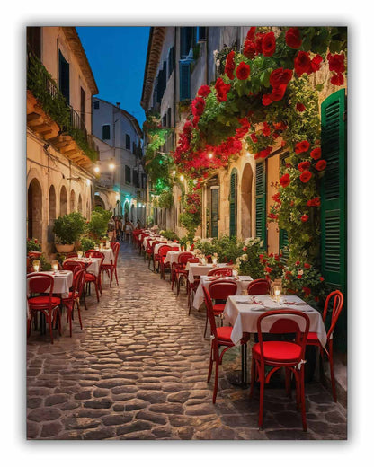 Italian Cafe Canvas Wall Art | Colourful Evening Street | 35 × 47 inches