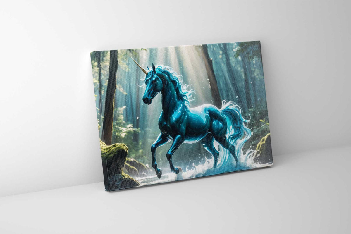 Blue Unicorn Canvas Wall Art | Enchanted Forest | 47 × 35 inches