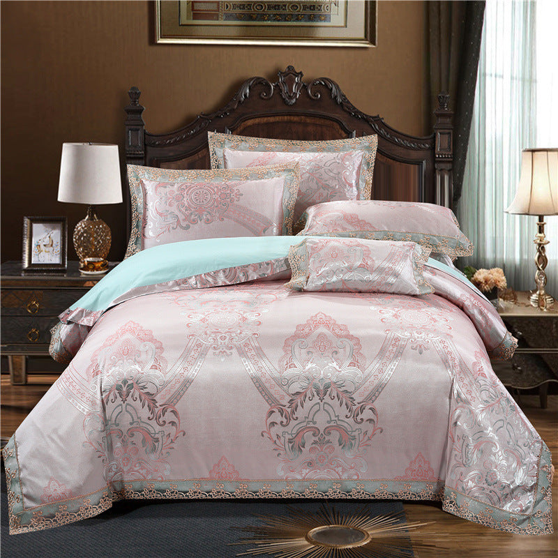 Parure de lit de luxe quatre pièces en coton jacquard – Housse de couette en pur coton et drap de lit en satin de soie