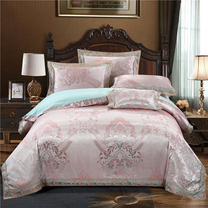 Parure de lit de luxe quatre pièces en coton jacquard – Housse de couette en pur coton et drap de lit en satin de soie