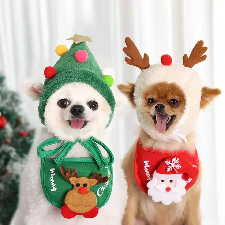 Holiday Cheer Dog Bandana and Hat Set | Reindeer or Tree Theme