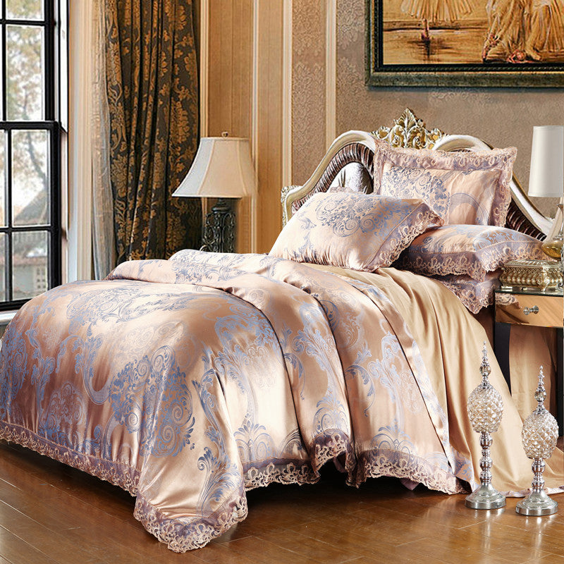 Parure de lit de luxe quatre pièces en coton jacquard – Housse de couette en pur coton et drap de lit en satin de soie