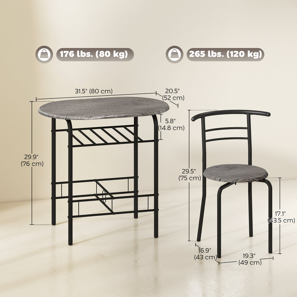 Ensemble de salle à manger 3 pièces Foden avec étagère, pour petits espaces - Gris foncé