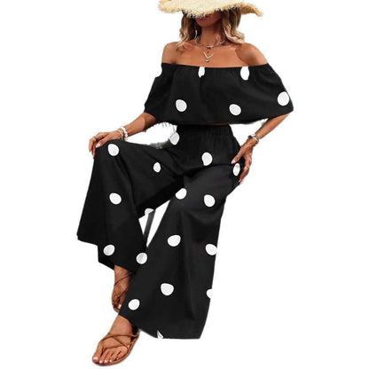 Womens Elegant Resort Polka-Dot Tube Top And Pants Set