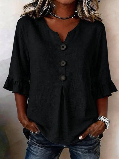 Summer Ruffled-Sleeve Top Loose Casual V-Neck Buttons Short-sleeved Shirts Women's Clothing