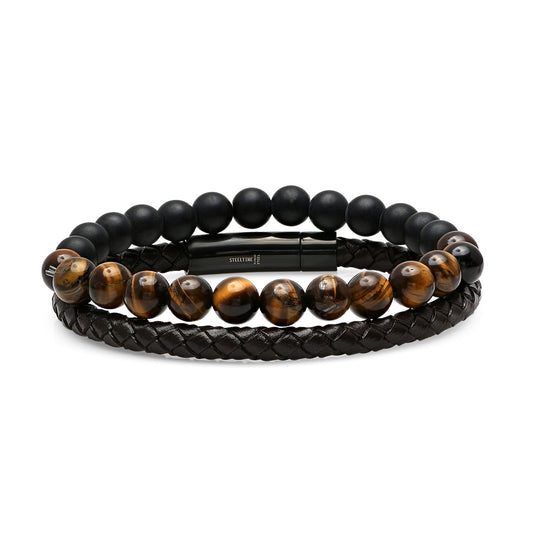 Men’s 2-Piece Bracelet Set. Brown Braided Leather & Tiger Eye with Black Lava Beads