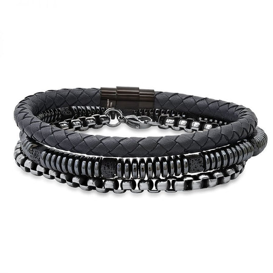 SteelTime Men's Black Leather and Stainless Steel Bracelets with Haematite and Lava Stone