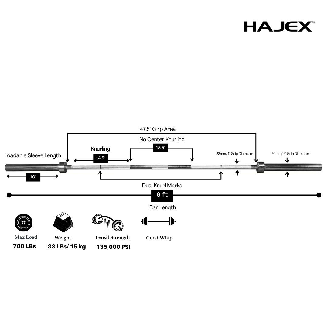 HAJEX Olympic and Standard Barbell Bars 4Ft, 5Ft, 6Ft and 7Ft