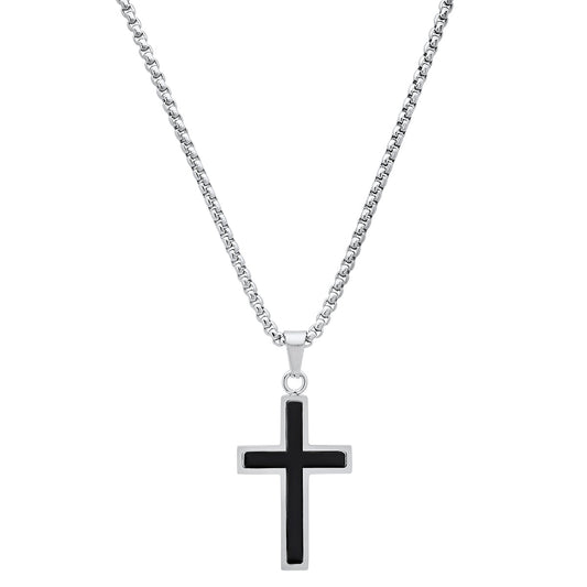 Men's Stainless Steel Silver and Black Cross Pendant Necklace