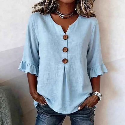 Summer Ruffled-Sleeve Top Loose Casual V-Neck Buttons Short-sleeved Shirts Women's Clothing