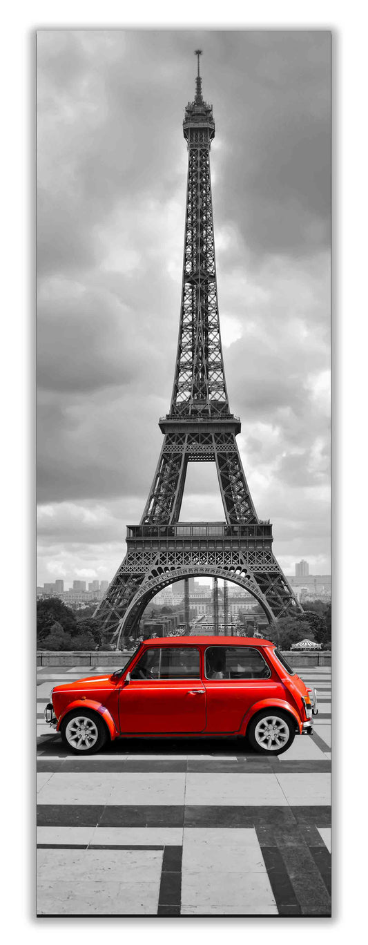 Eiffel Tower & Red Car Canvas Wall Art | Black and White Paris | 24 × 72 inches