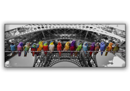 Love Birds & Eiffel Tower Canvas Wall Art | Colourful Paris | 72 × 24 inches