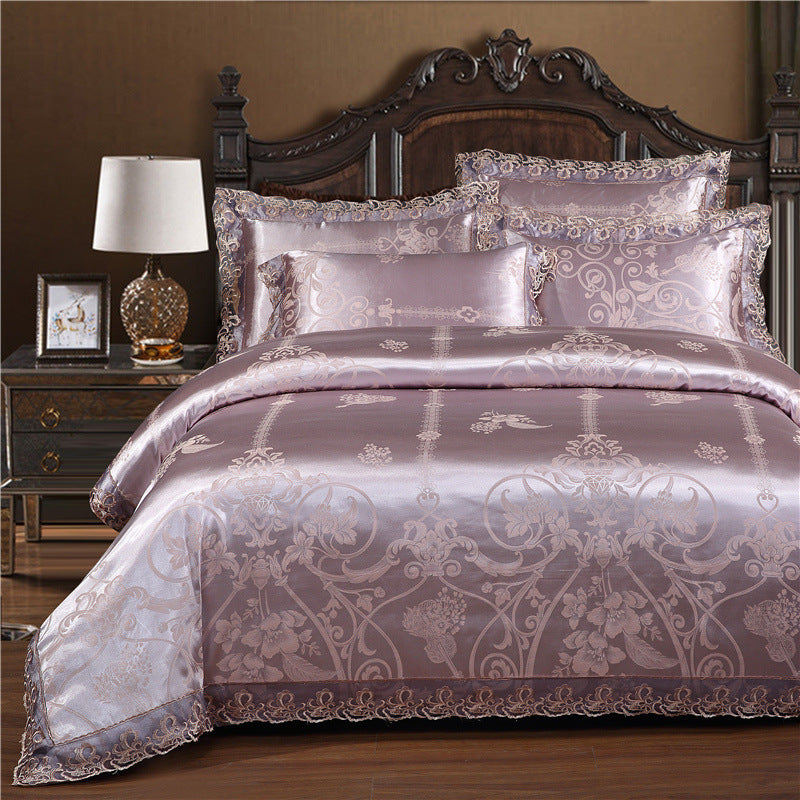 Parure de lit de luxe quatre pièces en coton jacquard – Housse de couette en pur coton et drap de lit en satin de soie