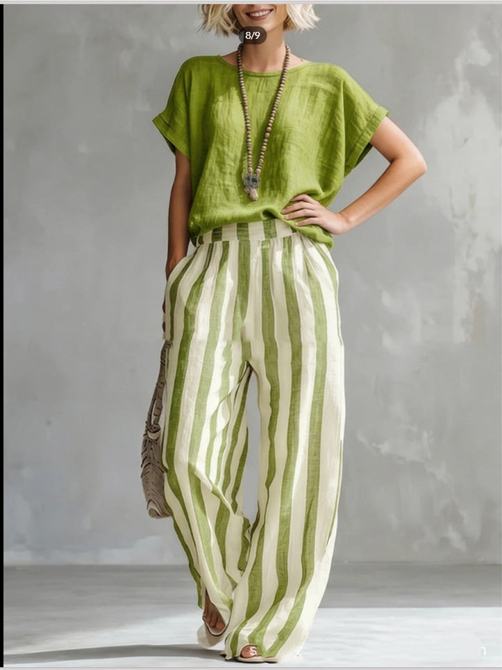 Women's Summer Two Piece Set – Short Sleeve Top with Striped Straight Leg Pants
