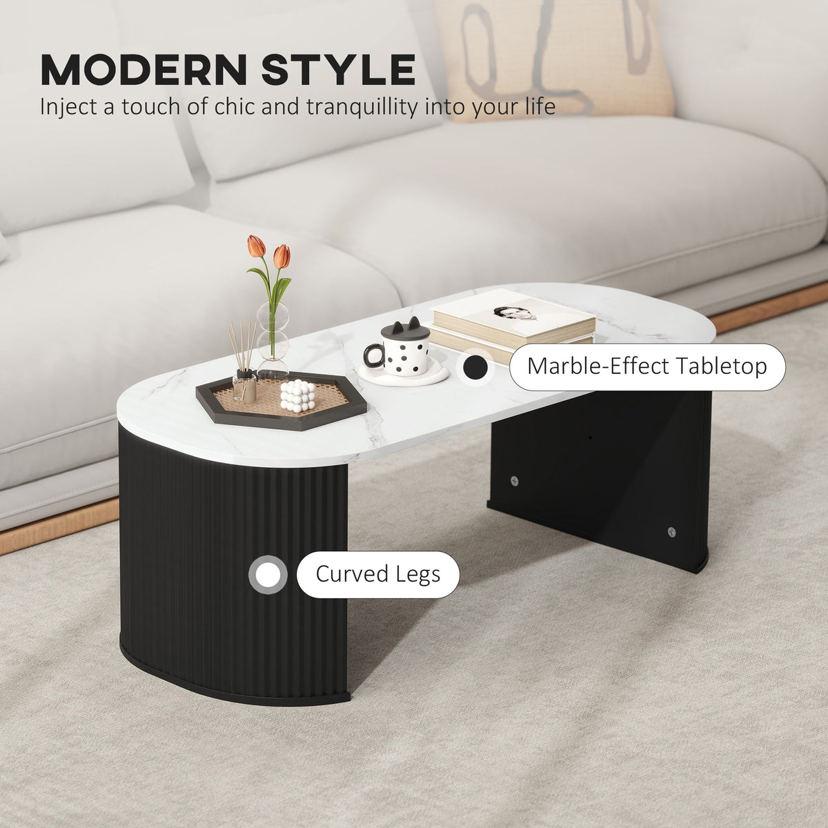 Table basse Cameron moderne en similicuir marbre - Noir