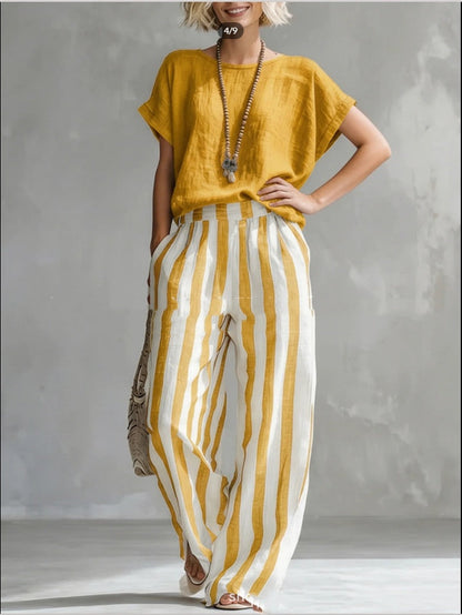Women's Summer Two Piece Set – Short Sleeve Top with Striped Straight Leg Pants