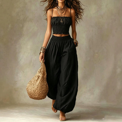 Women's Strapless Two Piece Set – Crop Top and Wide Leg Lantern Pants Outfit