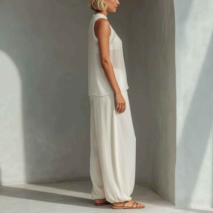 Sheer Round-neck Sleeveless Tank Top And Drawstring Wide-leg Pants Set
