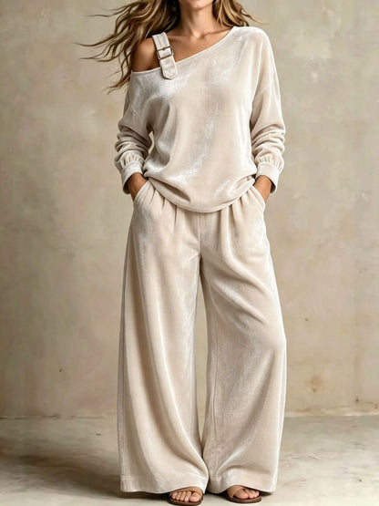 Women’s Velvet Two-Piece Set – Elegant Off-Shoulder Long-Sleeve Top & Full-Length Pants