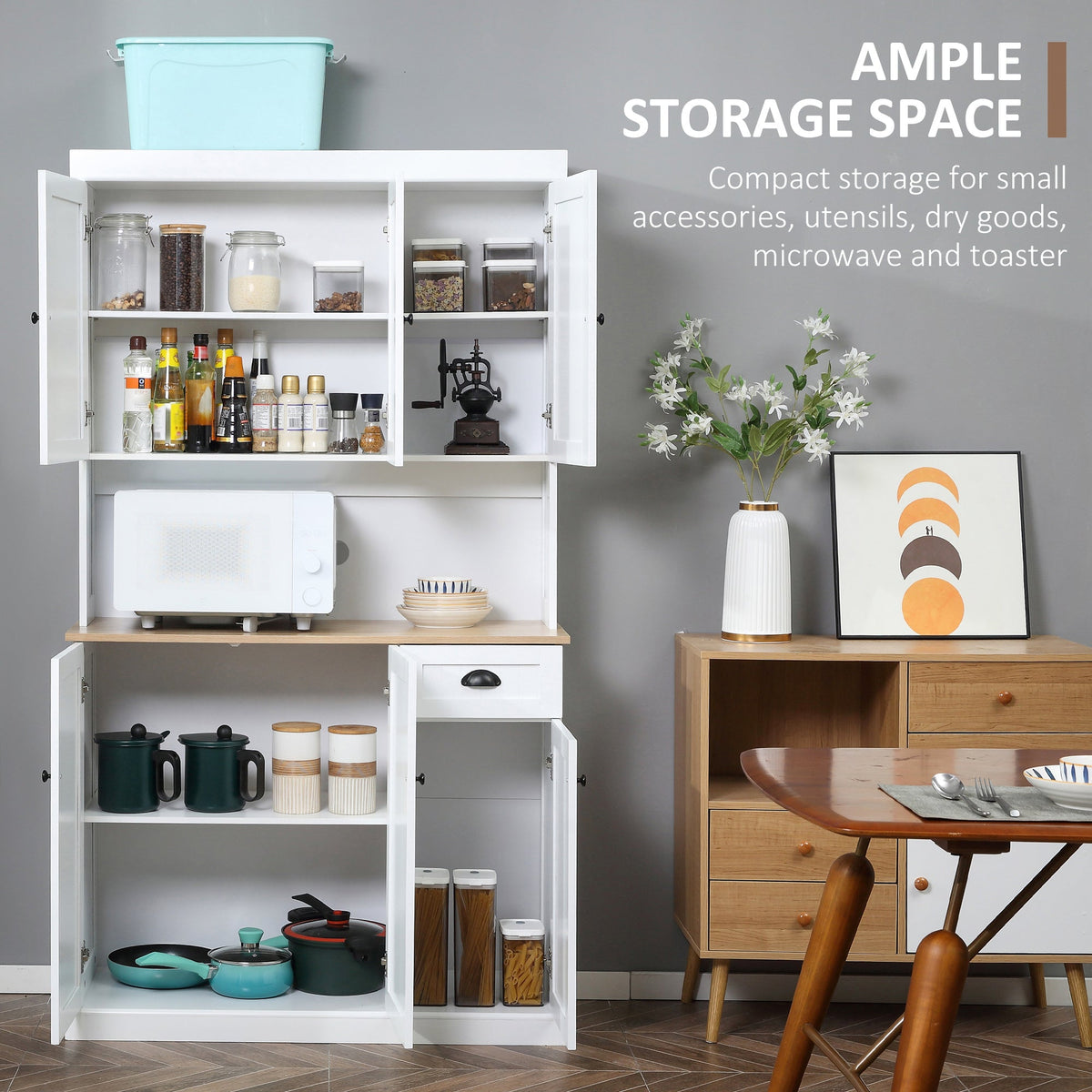 Armoire de rangement de cuisine Denver 180 cm avec huche - Blanc/Chêne