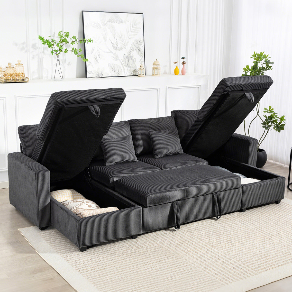 Theo U-Shaped Sleeper Sectional with Storage Chaise-Grey