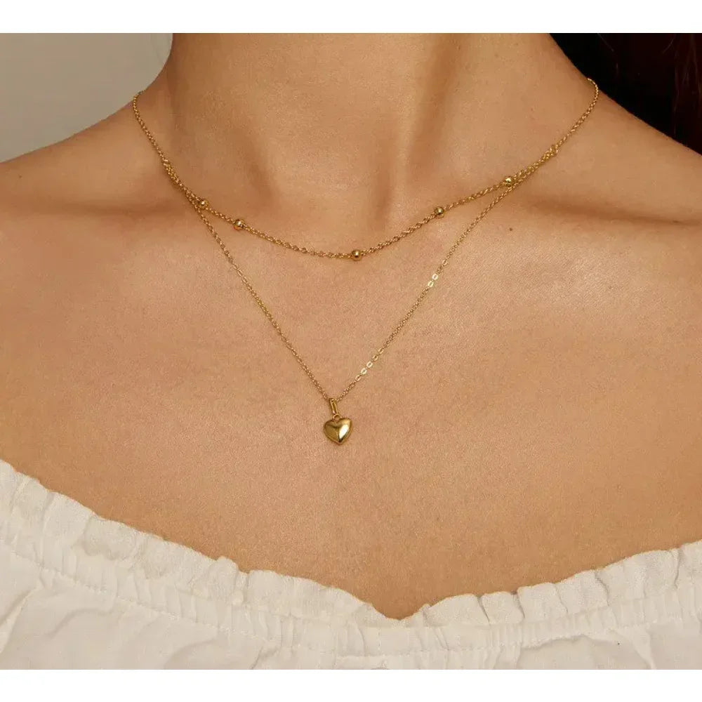 925 Sterling Silver Double Layer Heart Pendant Choker Necklace