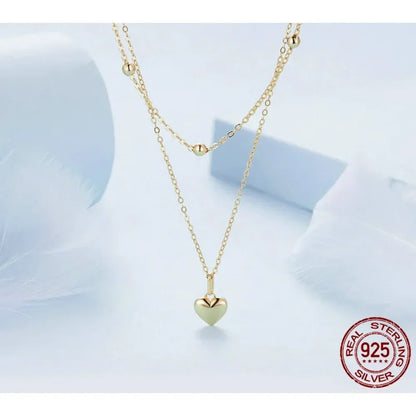 925 Sterling Silver Double Layer Heart Pendant Choker Necklace